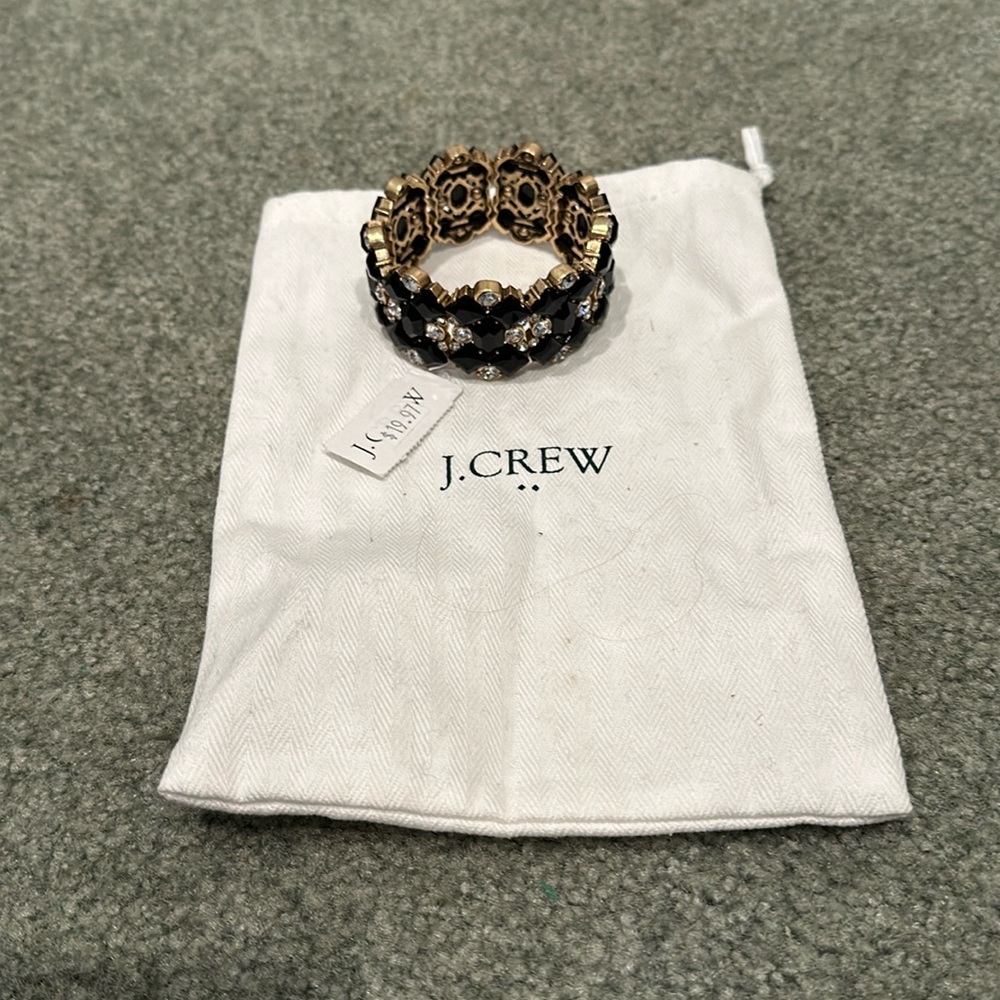 NWT and gift/storage pouch J. Crew Black/crystal stretch bracelet